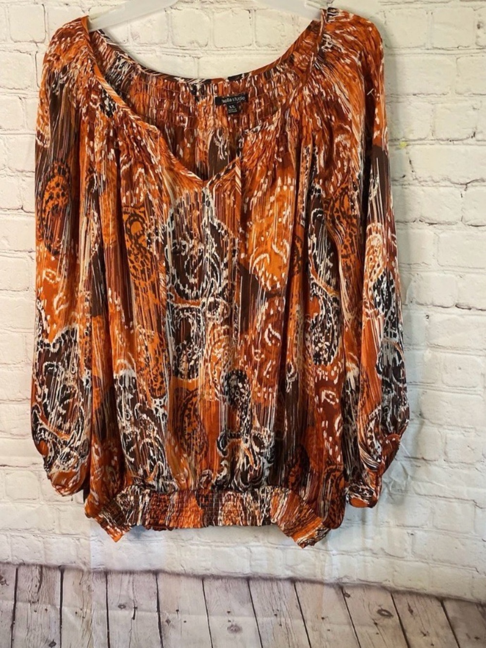 Rafaella Studio. PXL Rust/Orange/ Brown & Cream Printed Peasant Blouse